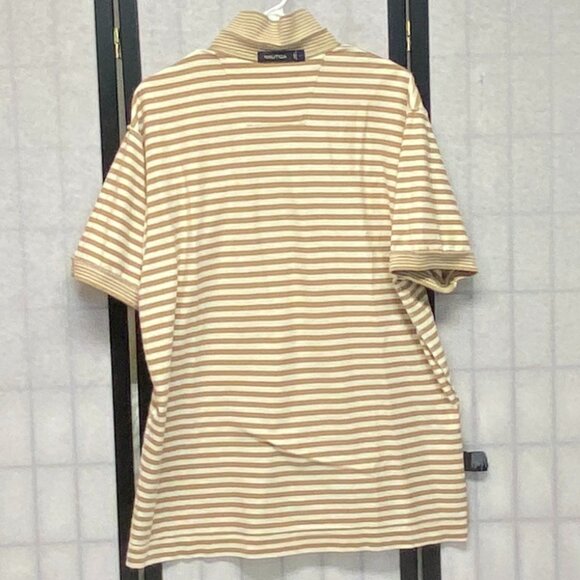 Nautica Short Sleeve Horizonal Stripe Striped Bands 2 Button Polo Shirt Gold L - Picture 6 of 11